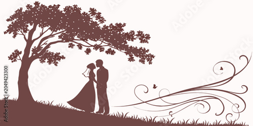 Romantic wedding couple silhouette standing under a large tree with butterflies silhouette butterflies marriage ceremony landscape nuptials commitment romantic happiness relationship