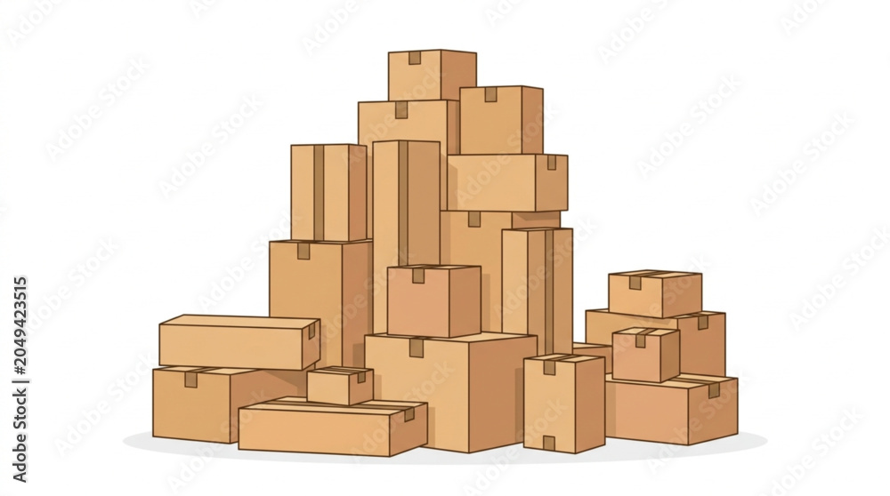 Fototapeta premium A large pile of stacked cardboard moving boxes of various sizes arranged in a chaotic yet stable heap against a clean white background, conveying a sense of storage or relocation