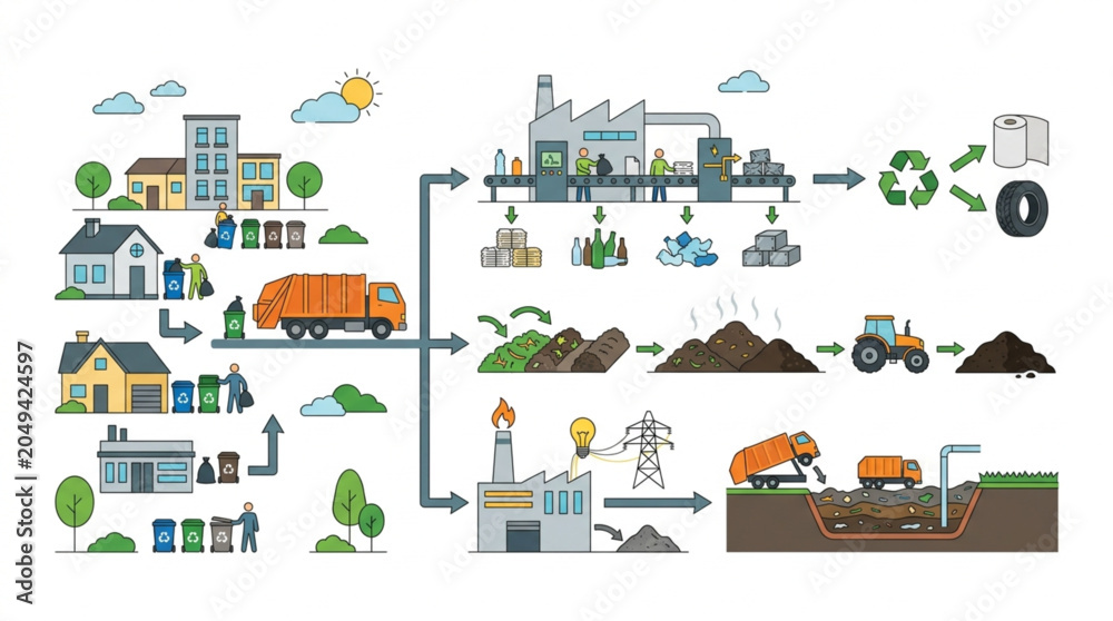 Naklejka premium Illustrative diagram showing the process of waste management from collection to recycling and energy production, set against a clean, bright backdrop