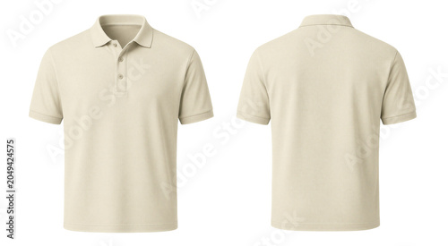Fotografía A realistic template of a blank Cream or Beige polo t-shirt displaying both the front and back views