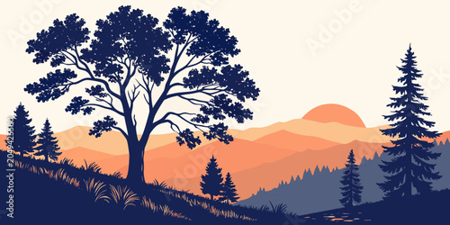 Foto Sunset landscape graphic with a sprawling tree and forested mountain ranges land
