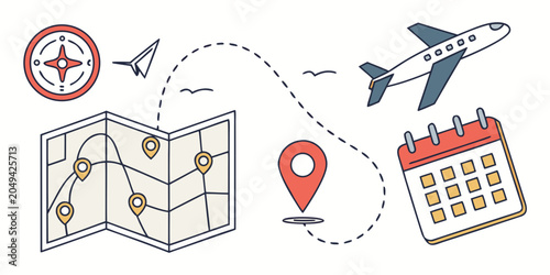 Fotografia Travel concept illustration with compass airplane flight path map and calendar a