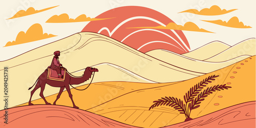 Obraz na plátně Flat vector illustration of a person riding a camel in a desert landscape during