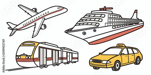Bild auf Leinwand Hand drawn style icons of modern airplane passenger ship commuter train and taxi