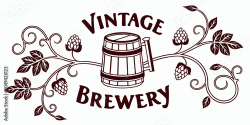 Vintage brewery logo emblem with beer barrel and hops vine beverage illustration template ornament botanical branding identity isolated ceremony beerhouse