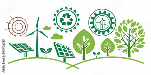 Foto Renewable energy and environmental conservation icons including sun trees solar