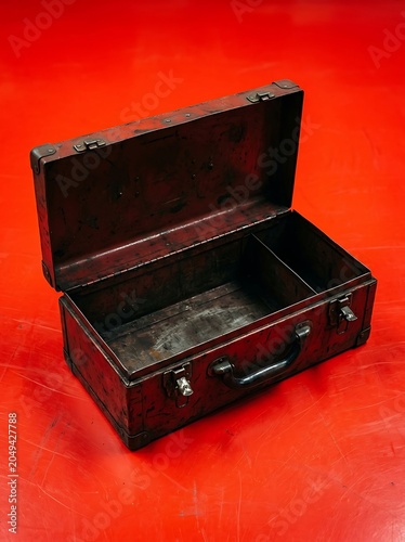 Vintage worn metal toolbox open on bright red background