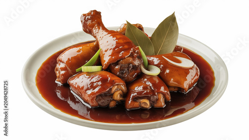 Chicken adobo dish with bay leaves and green onions on a white plate