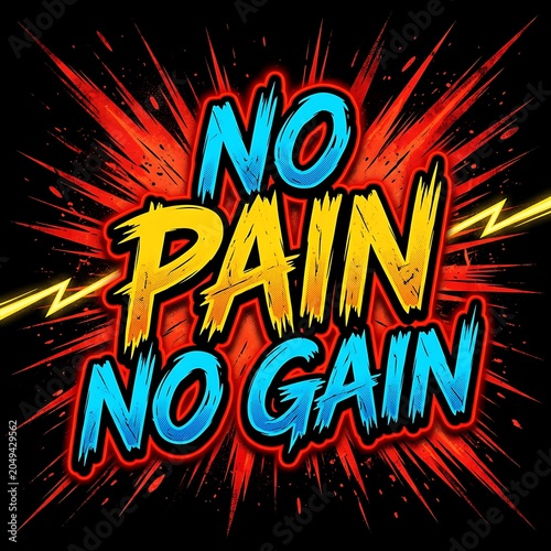 Motivational no pain no gain text with explosive comic book style background and lightning bolts