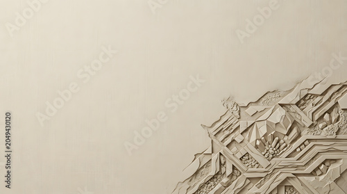 Abstract architectural 3D relief carving on a white wall.