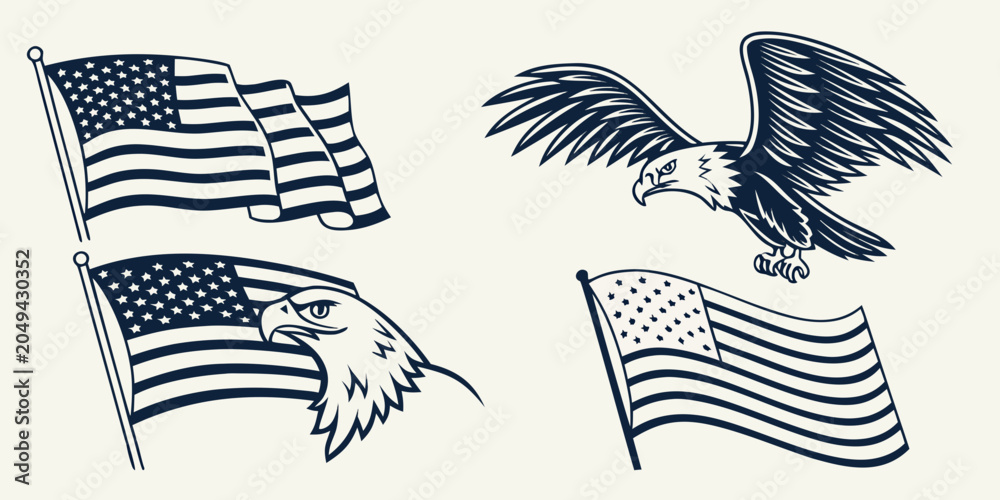 © Mamun - American flag and bald eagle illustrations representing patriotism with stars and stripes united states us flag national bird national pride national animal american icon eagle illustration