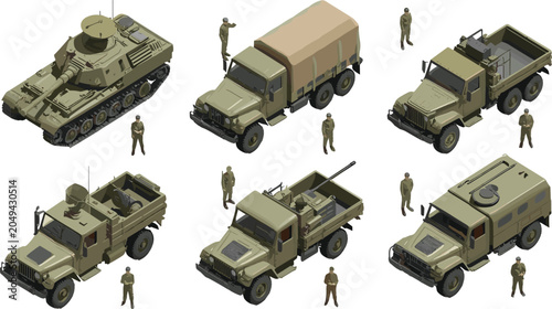 Bild auf Leinwand Isometric Military Vehicle Vector Set Featuring Army Tank, Cargo Trucks, Armored