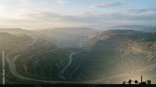 Panoramic view of massive open pit mine valley landscape.