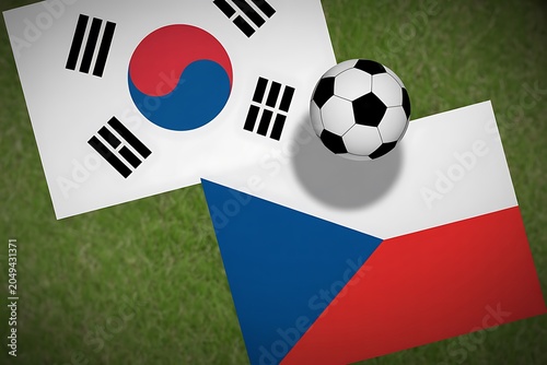 South korean and czech flags with soccer ball on grass