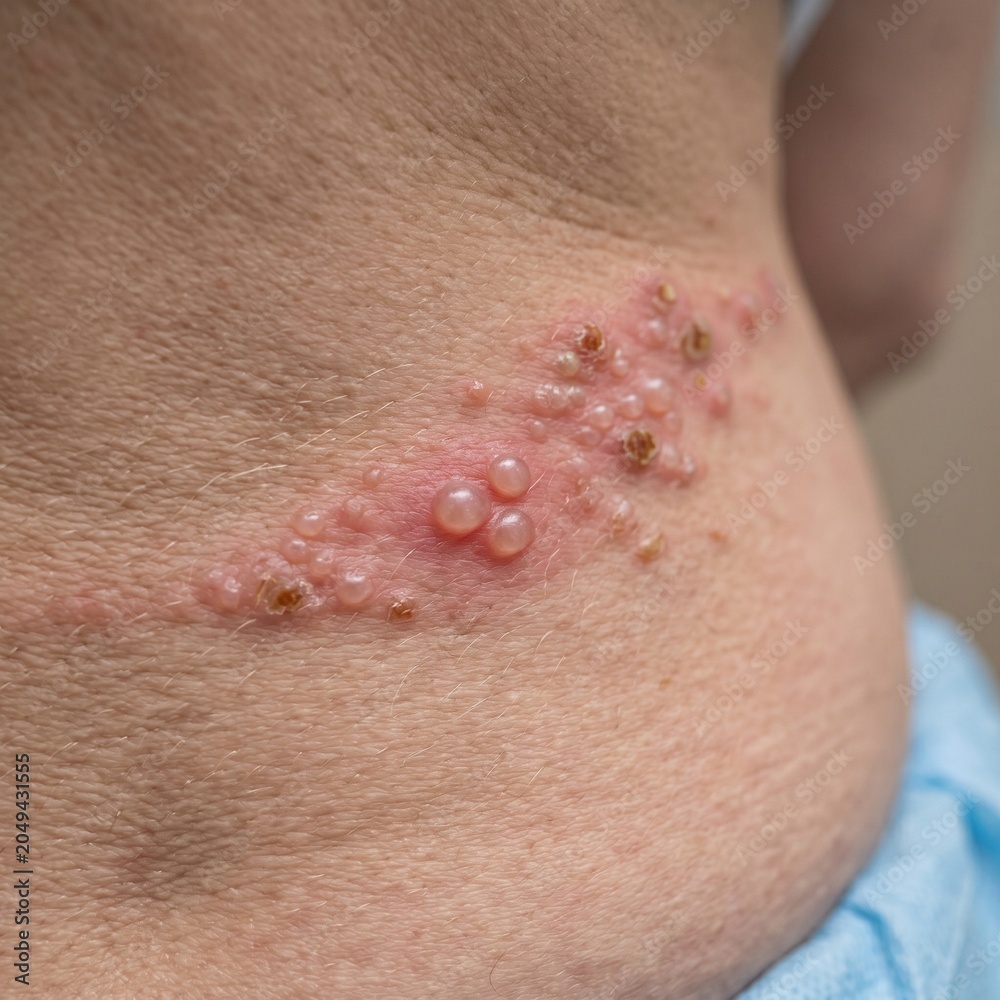 Fototapeta premium Extreme macro close-up of human lower back showing unilateral dermatomal vesicles with crusting and fine skin texture.