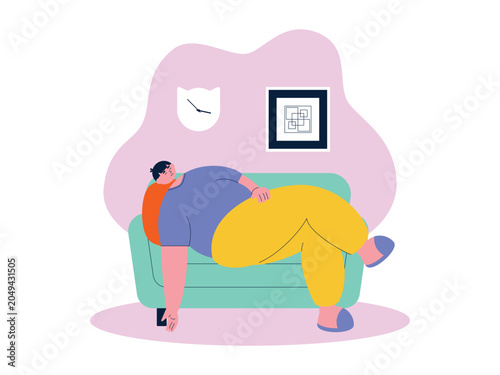 Foto A man sprawls sideways across a green sofa with one arm dangling, a clock and framed art on the wall behind him