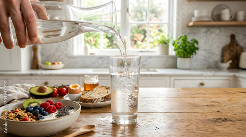 Pouring water from glass pitcher during a healthy breakfast.