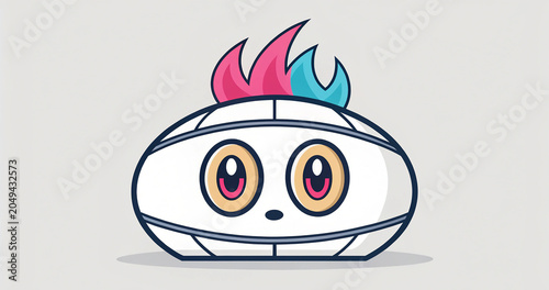 Adorable oval mascot with pink and blue mohawk flame hair isolated on light background
