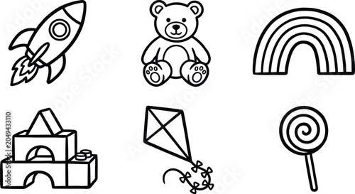 Black and white line art illustrations of various childrens objects and toys