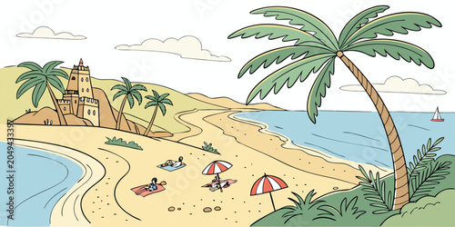 Obraz na plátně Coastal beach landscape with ancient stone fort and palm trees featuring sunbath