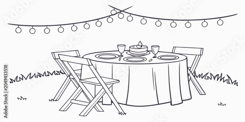 Fotografi Hand drawn illustration of an elegant outdoor dining table set for two with a ca