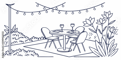 фотографія Outdoor patio dining area illustration with a round table and chairs set for gue