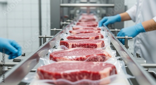 Vacuum sealed raw steaks moving along a production line conveyor belt handled by gloved workers