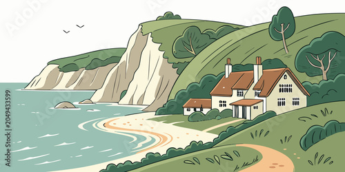 Bild auf Leinwand Large traditional cottage on a green coastal hillside next to white cliffs and a