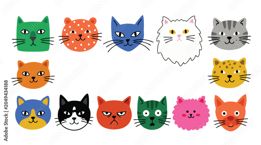 Fototapeta premium Collection of diverse cartoon cat faces in various colors and patterns isolated on white background