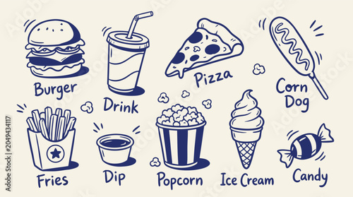 A delightful collection of handdrawn fast food items and snacks in a simple doodle art style