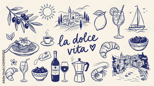 Charming collection of Italian lifestyle elements depicting la dolce vita with food and scenery