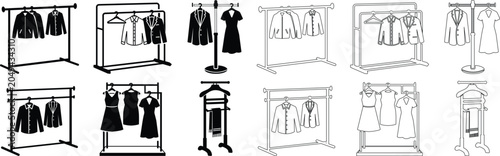 Clothing Rack Garment Stand Icon Set Collection Group Black Flat and Line Style Vector Illustration Featuring Apparel Display Hanger Wardrobe Fashion Retail Symbols Isolated on Transparent Background