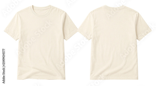 Photos a blank cream or beige cotton t-shirt showcasing both front and back views with