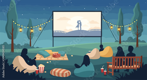 Canvastavla Outdoor movie night under starry sky with friends