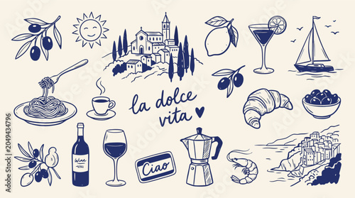 Foto Collection of Italian themed handdrawn illustrations featuring food drinks and l
