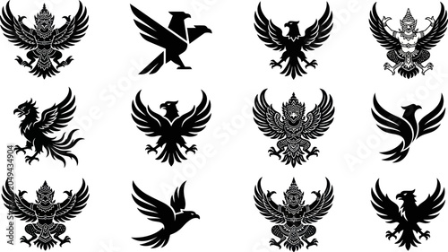 Bild auf Leinwand Various bird silhouettes are flying and standing on decorative elements