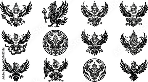 Foto Nine illustrations of mythical creatures with wings and human faces are depicted
