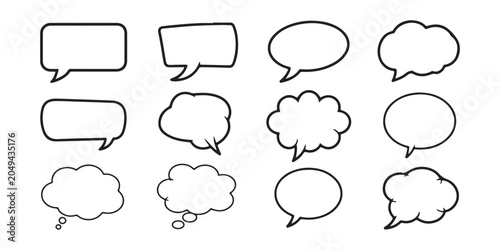 Set of blank black outline speech bubbles in various shapes on transparent background for text.