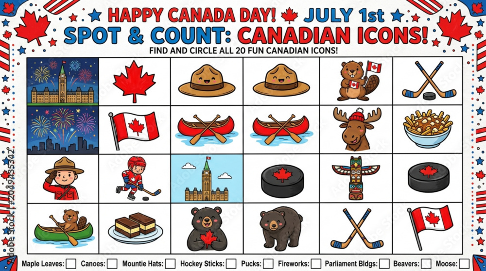 Naklejka premium Canada Day worksheet cartoon icons