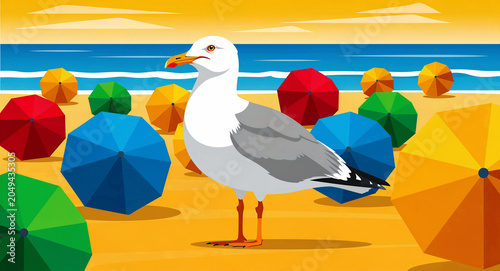 Seagull standing on a sandy beach with colorful umbrellas. Bird watching over the coastline with ocean waves and sunset sky. Summer vacation concept, ideal for tourism marketing and seasonal cards.