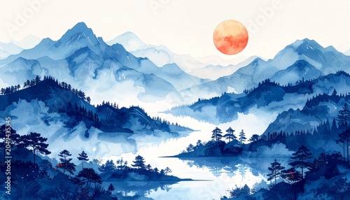 Japanese indigo watercolor diffusion, traditional aizome inspired texture, minimalist background