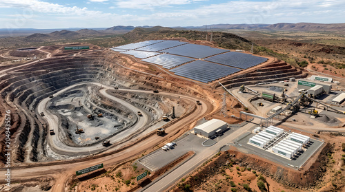 Solar panel farm next to industrial open pit mine.