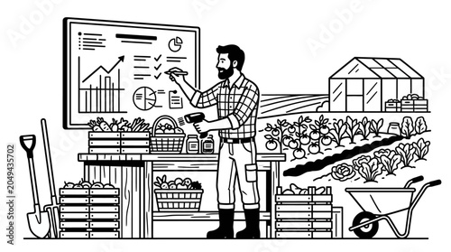 Farmer Planning Business Growth with Analytics and Greenhouse Farming