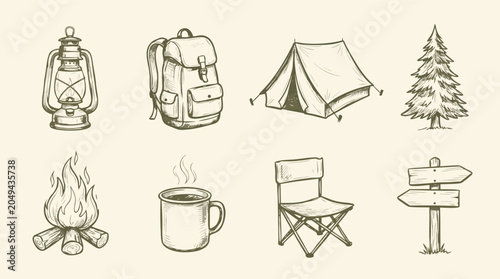Set of handdrawn camping equipment illustrations including a lantern backpack tent and campfire