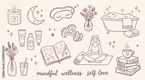 Various elements representing mindful wellness and selflove in a simple line art style isolated on transparent background