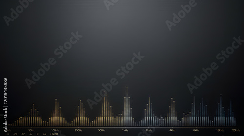 Golden digital audio frequency visualizer on black background.