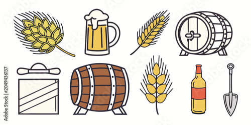 Fotografie Hand drawn style beer making icon set with wheat barrels and supplies beverage i