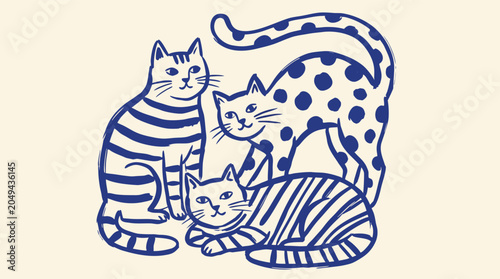 Photography Whimsical illustration featuring three charming bluelined and dotted cats gather