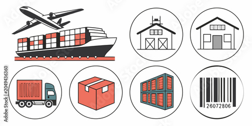 Logistics icon set featuring cargo ship airplane delivery truck warehouse symbols logistics transport shipping delivery warehouse airplane container transportation distribution commerce