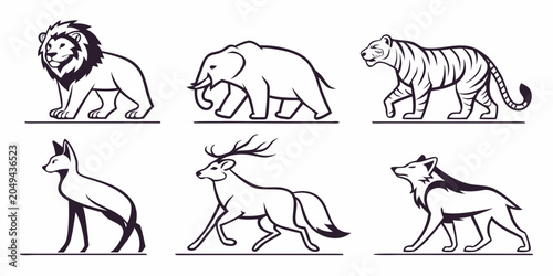 Photography Minimalist outline drawings of wild animals on linear base with elephant wildlif